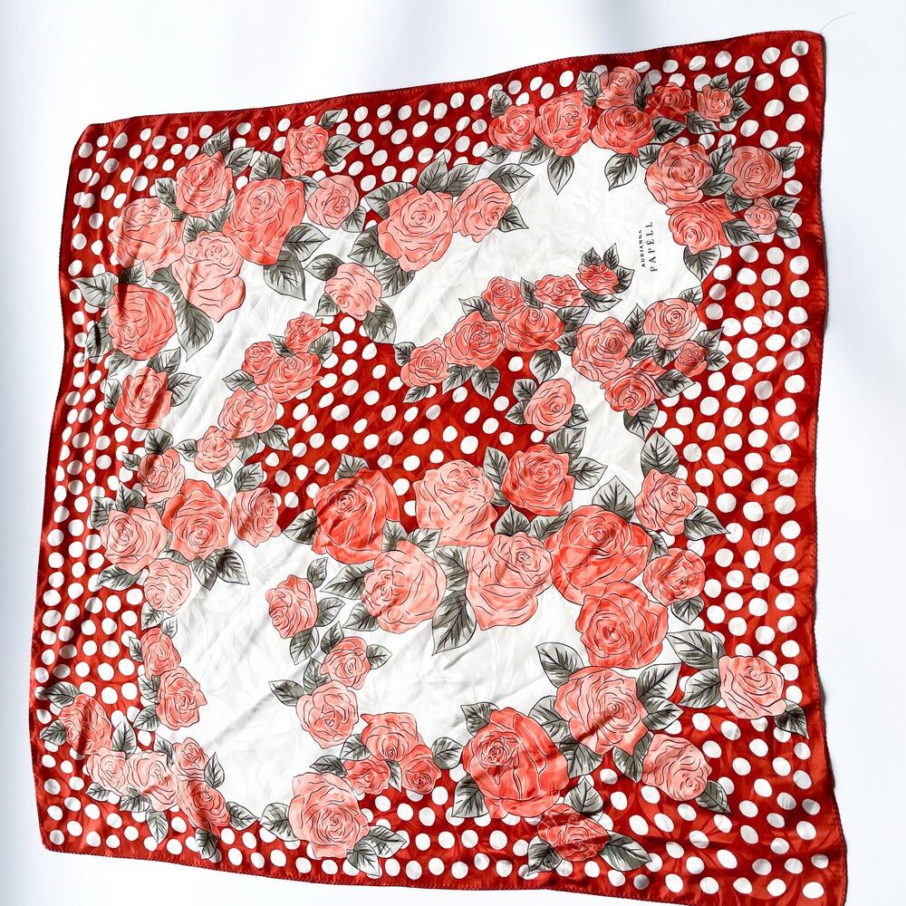 Adrianna Papell Peach and White Polka Dot and Roses Silk Scarf 34" Square